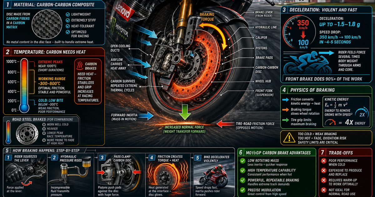 MotoGP Carbon Brakes on a Motorcycle Infographic | LivePhysics™