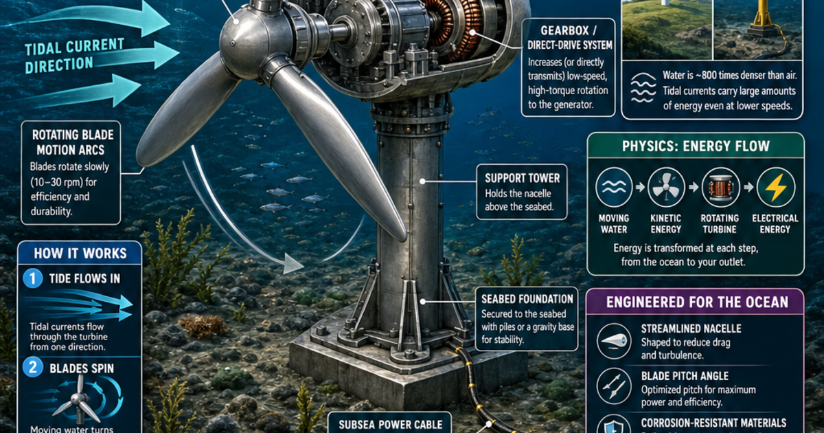 Stream Energy Generators Renewable Energy Machines: Tidal Stream Turbines Infographic | LivePhysics™