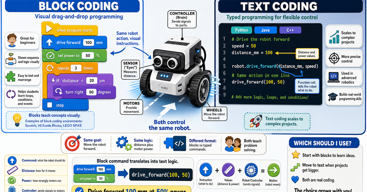 Block Coding vs Text Coding for Robots Infographic | LivePhysics™
