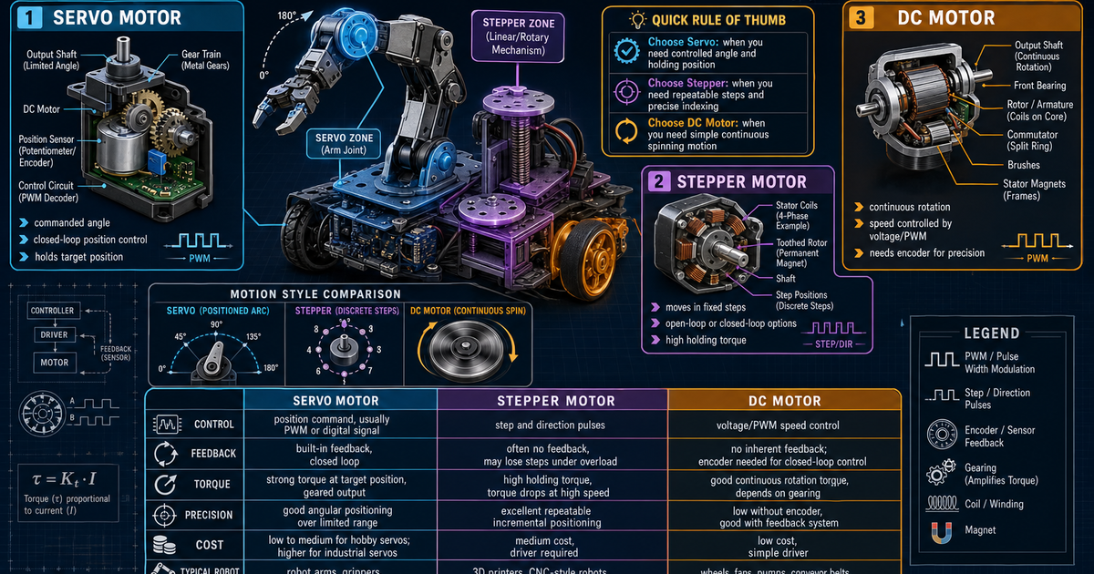 Sevo Graphics Robotics: Servo vs Stepper vs DC Motor Infographic | LivePhysics™