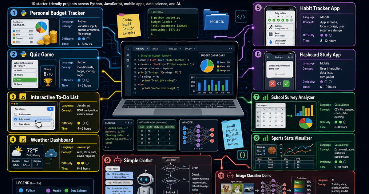 Beginner Coding Project Ideas for High School Infographic | LivePhysics™