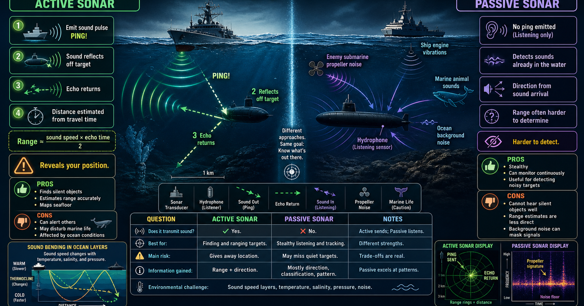 Ships and Submarines: Active vs Passive Sonar Infographic | LivePhysics™