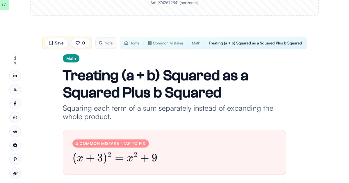 Square D Math Term Treating (a + b) Squared as a Squared Plus b Squared | Common Mistakes ...