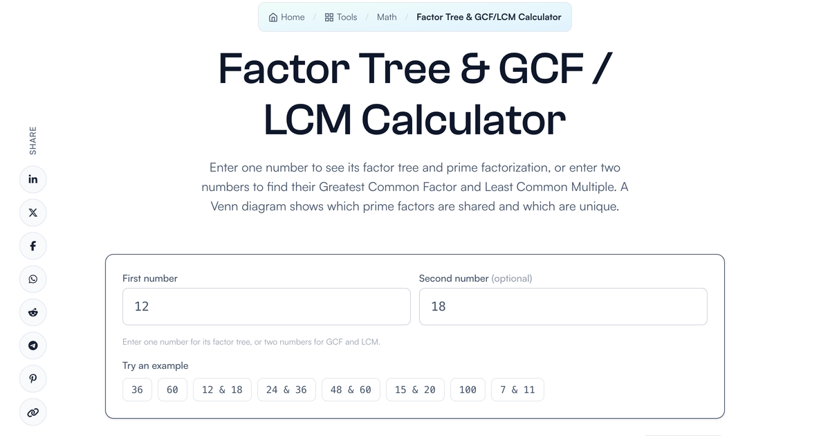 Factor Tree Calculator with GCF and LCM | LivePhysics™