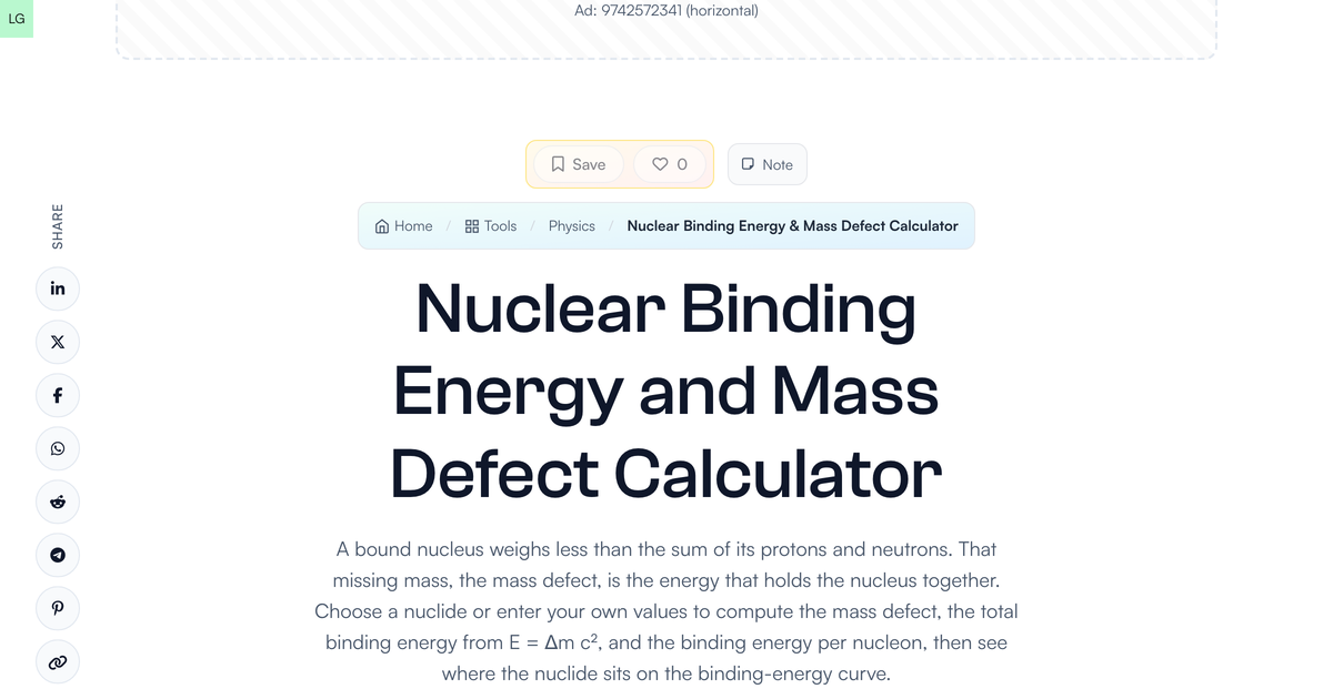 Nuclear Binding Energy and Mass Defect Calculator | LivePhysics™