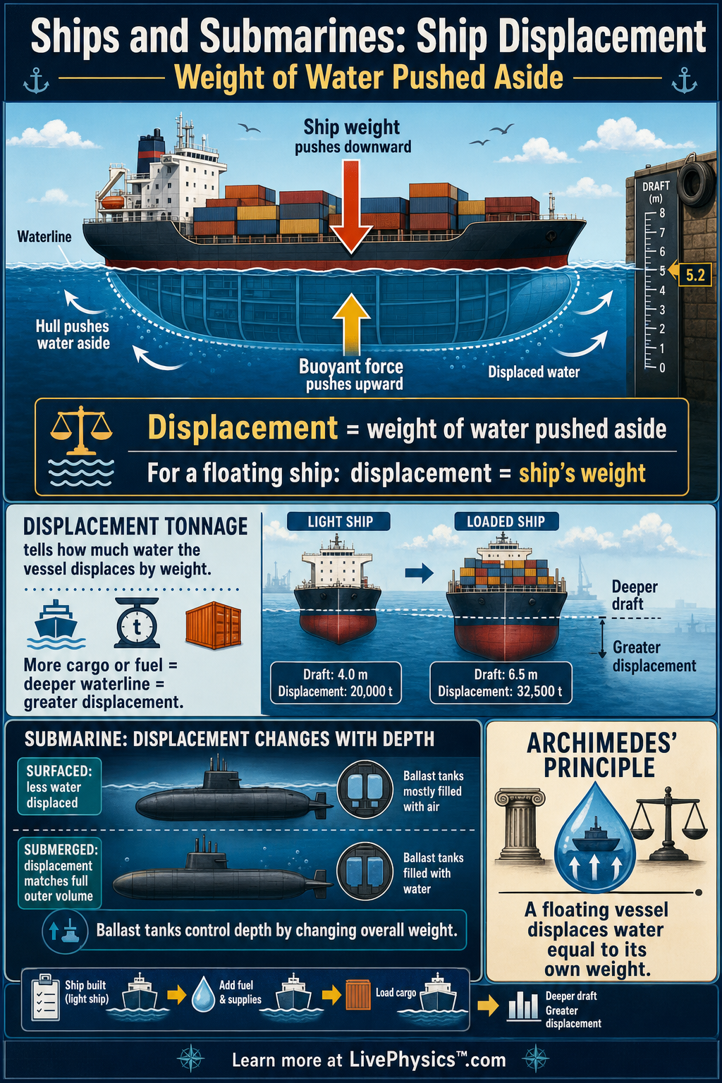 Ships And Submarines Ship Displacement Infographic LivePhysics Ships And Submarines Ship Displacement Infographic LivePhysics