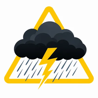 A high-contrast severe storm warning icon with a cloud, lightning, rain, and warning triangle.
