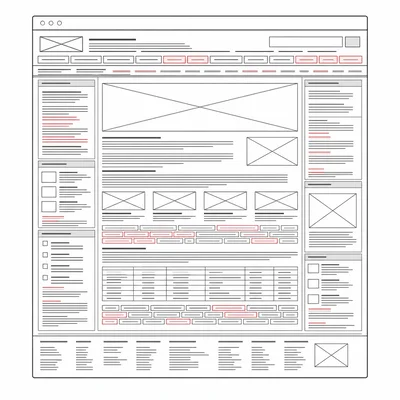 A crowded website layout with tiny text lines and closely spaced buttons.