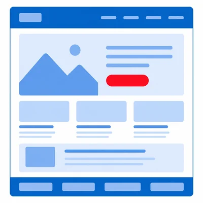 A bright red button stands out on a mostly blue website layout.