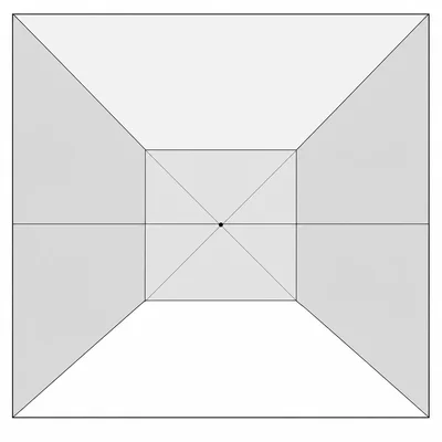 A simple one-point perspective room with a horizon line and single vanishing point.