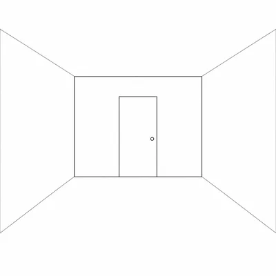A door on the back wall drawn as a flat rectangle in a one-point room.
