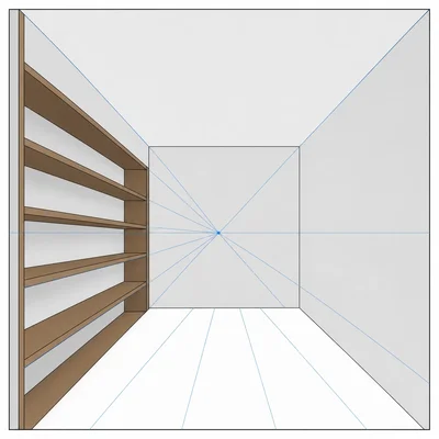 A bookshelf on the left wall with shelves angled toward the vanishing point.