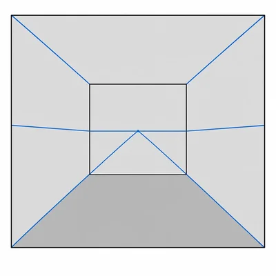 A one-point room showing that only depth lines go to the vanishing point while horizontal and vertical lines stay straight.