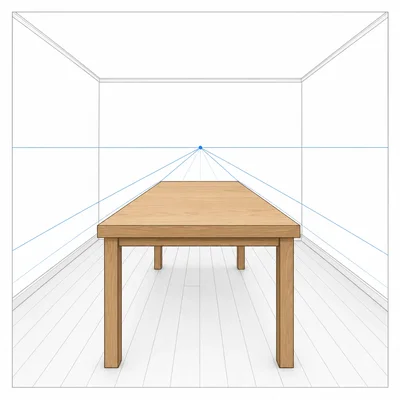 A three-dimensional table in the center of a one-point perspective room.