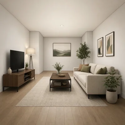 A realistic one-point room with shadows, floor pattern, furniture, and wall art.