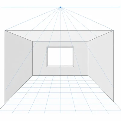 A one-point room with a high horizon line, showing more floor and a high viewpoint.