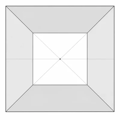 An unlabeled one-point room box showing walls, ceiling, floor, horizon line, and vanishing point.