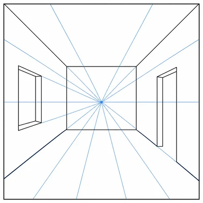 A one-point room showing horizontal edges and receding edges that meet at the vanishing point.