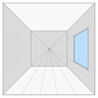 A window on the right wall with top and bottom edges angled toward the vanishing point.