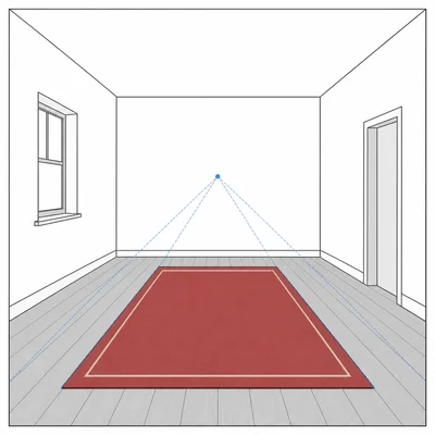A rug on a one-point perspective floor with its side edges aimed at the vanishing point.
