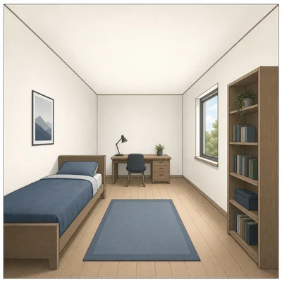 An example one-point perspective bedroom with furniture placed around the room.