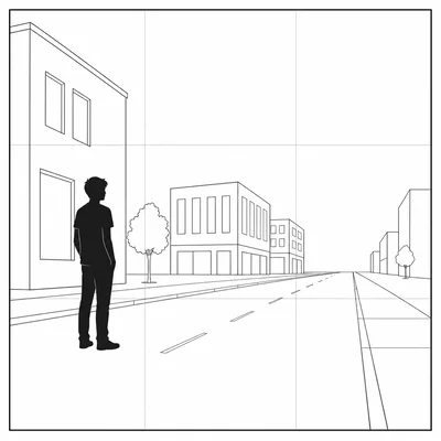 A person placed on the left third of a camera frame looks toward empty street space on the right.