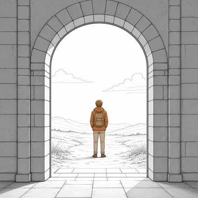 A person is visually framed by a doorway, demonstrating framing within a frame.