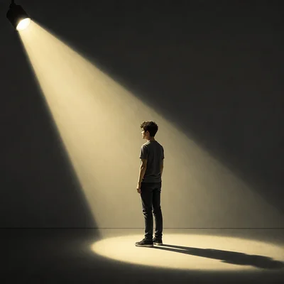 A bright subject in a beam of light stands out against a dark background.