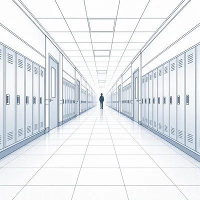 A hallway scene with converging lines guiding the eye toward a student at the end.