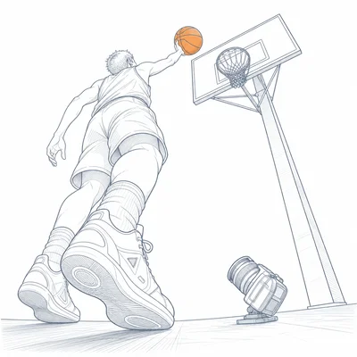 A low-angle view makes a basketball player appear tall and powerful.