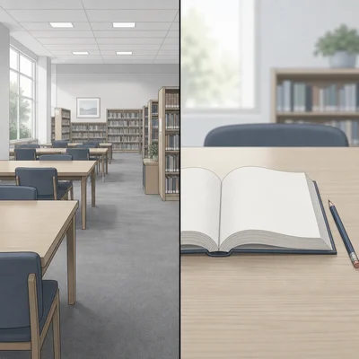 A wide empty library scene contrasts with a close-up of an open book and pencil.