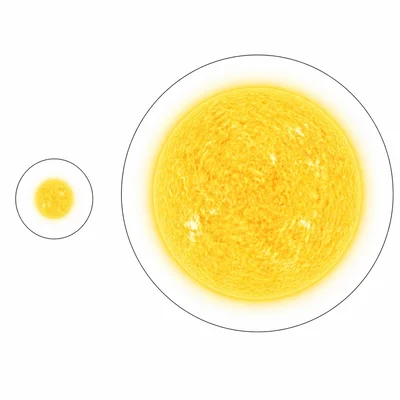 Two yellow stars of the same color shown with very different radii.