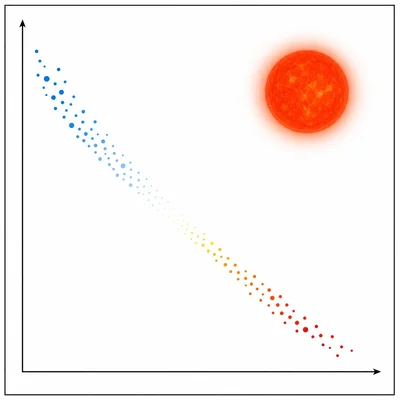 Unlabeled star plot with a large red-orange star highlighted in the upper-right region.