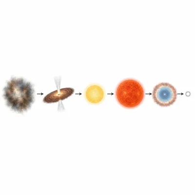 Sequence of a Sun-like star evolving from gas cloud to yellow star, red giant, planetary nebula, and white dwarf.