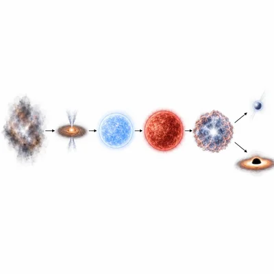 Sequence of a massive star evolving from gas cloud to blue star, red supergiant, supernova, and compact remnants.