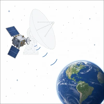 Spacecraft with a small antenna sending weak signal waves toward Earth.