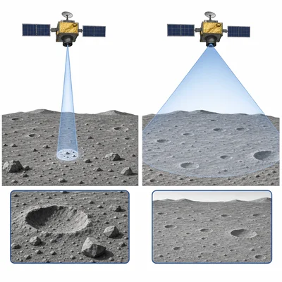Comparison of narrow detailed camera view and wide less detailed camera view over a moon surface.