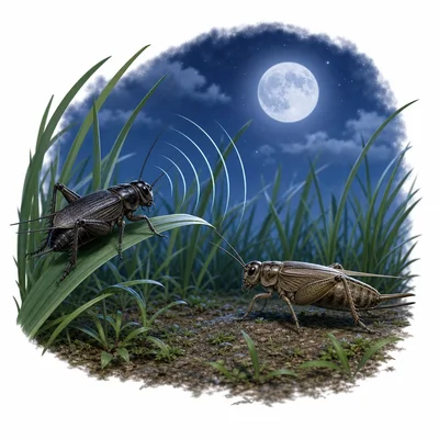 A cricket chirps while another cricket moves toward the sound.