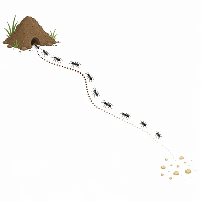 Ants follow a fading scent trail from their nest toward a disappearing food source.