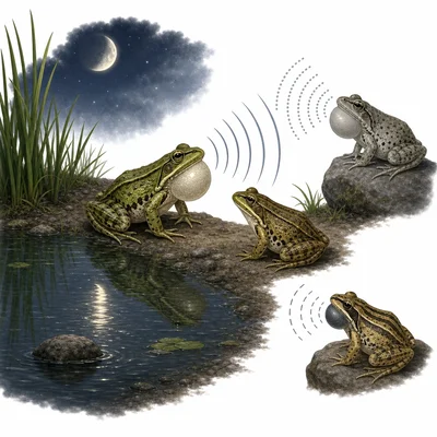 A female frog responds to the call of a matching male frog among other frogs.