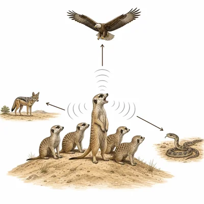A meerkat gives an alarm call while an eagle, snake, and jackal are nearby.