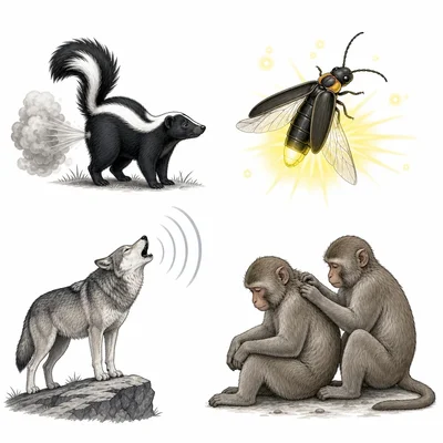 Four animal communication examples: skunk odor, firefly light, wolf howl, and monkey grooming.