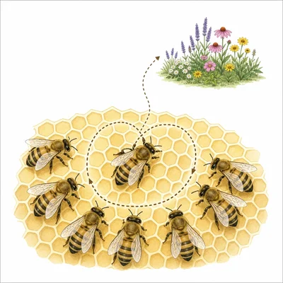 A honeybee dances on a honeycomb while other bees watch.