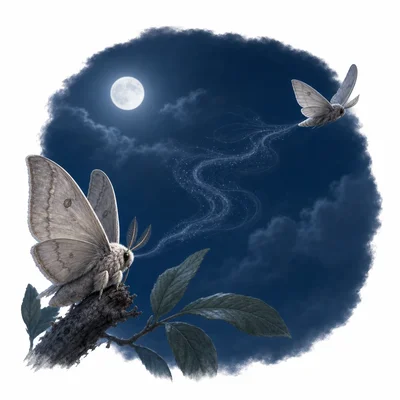 A moth releases scent trails that drift toward another moth at night.