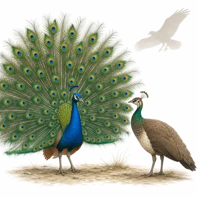 A male peacock displays his bright tail near a female while a predator is in the distance.