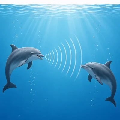 A dolphin sends sound waves through water to another dolphin.