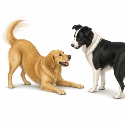 One dog makes a relaxed play bow toward another dog.
