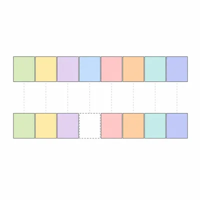 Two aligned DNA rows with a gap in the lower row showing a missing nucleotide.
