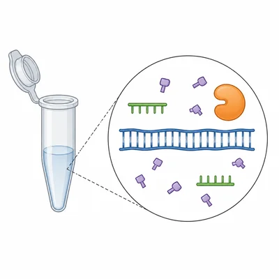 PCR tube with magnified view of DNA template, primers, nucleotides, and polymerase.