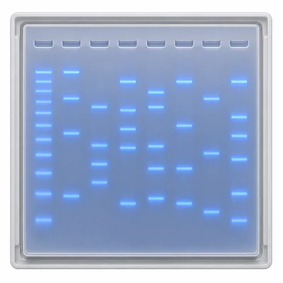 Gel electrophoresis slab with wells and visible DNA bands in several lanes.
